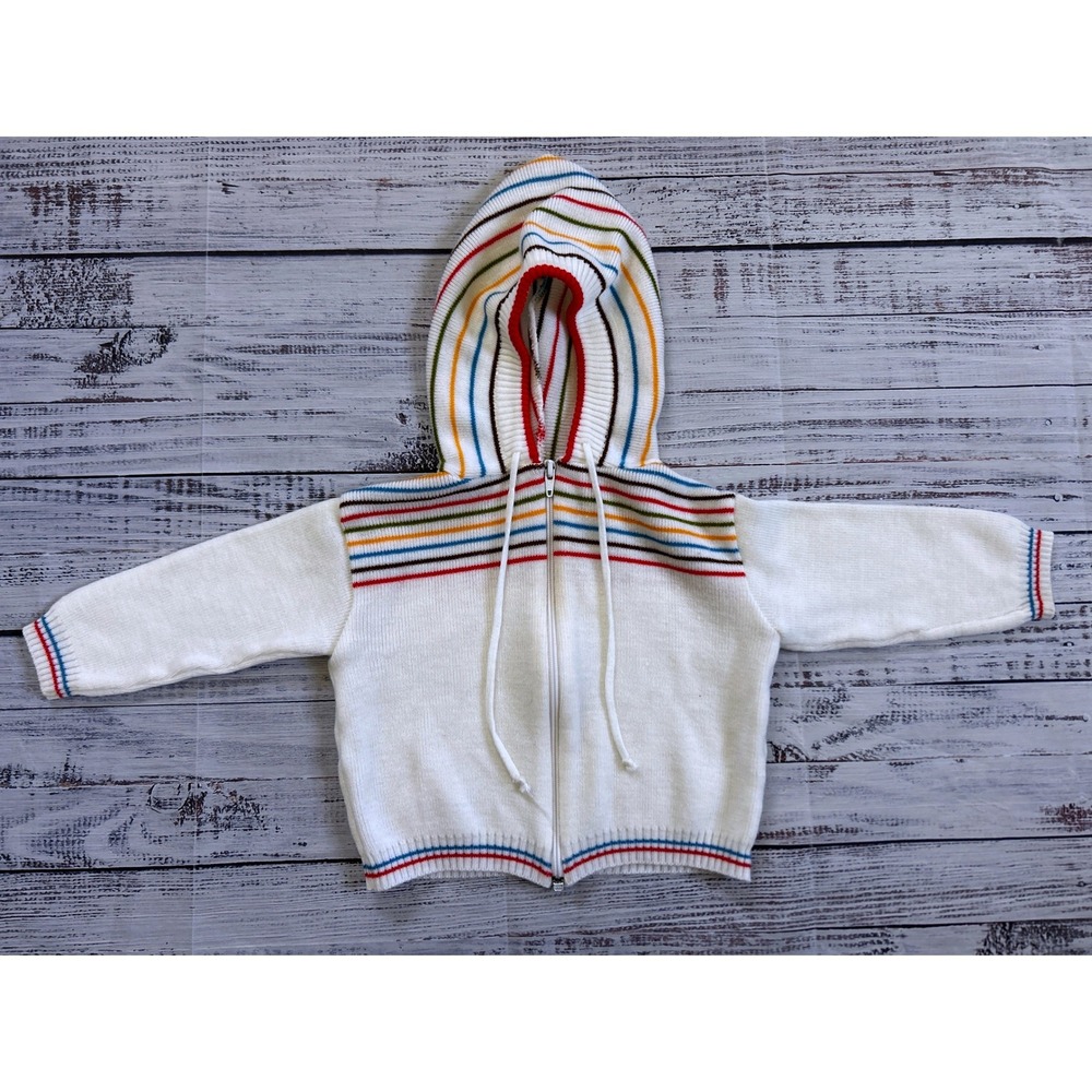 VTG Petit Ami Knit Hoodie White Multicolor Rainbow Stripes Zip Up Sweater 12M